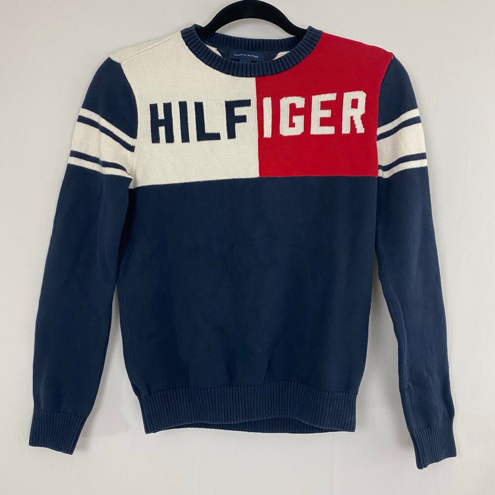 Tommy Hilfiger L (12-14) Navy Red Colorblock Sweater Logo Pullover Long Sleeve